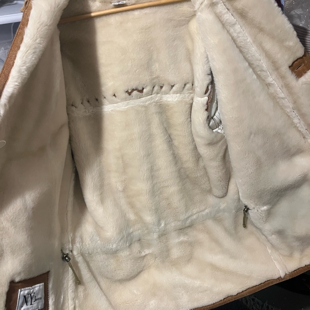 Vintage NY Jeans Cinnamon Brown Leather Coat Shearling Lining Front Toggles M - Picture 16 of 16